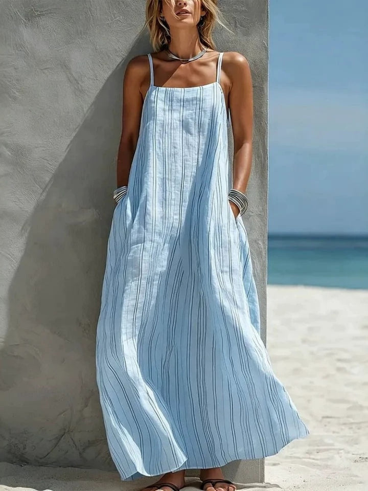 Vertical Striped Linen Blend Spaghetti Strap Maxi Dress