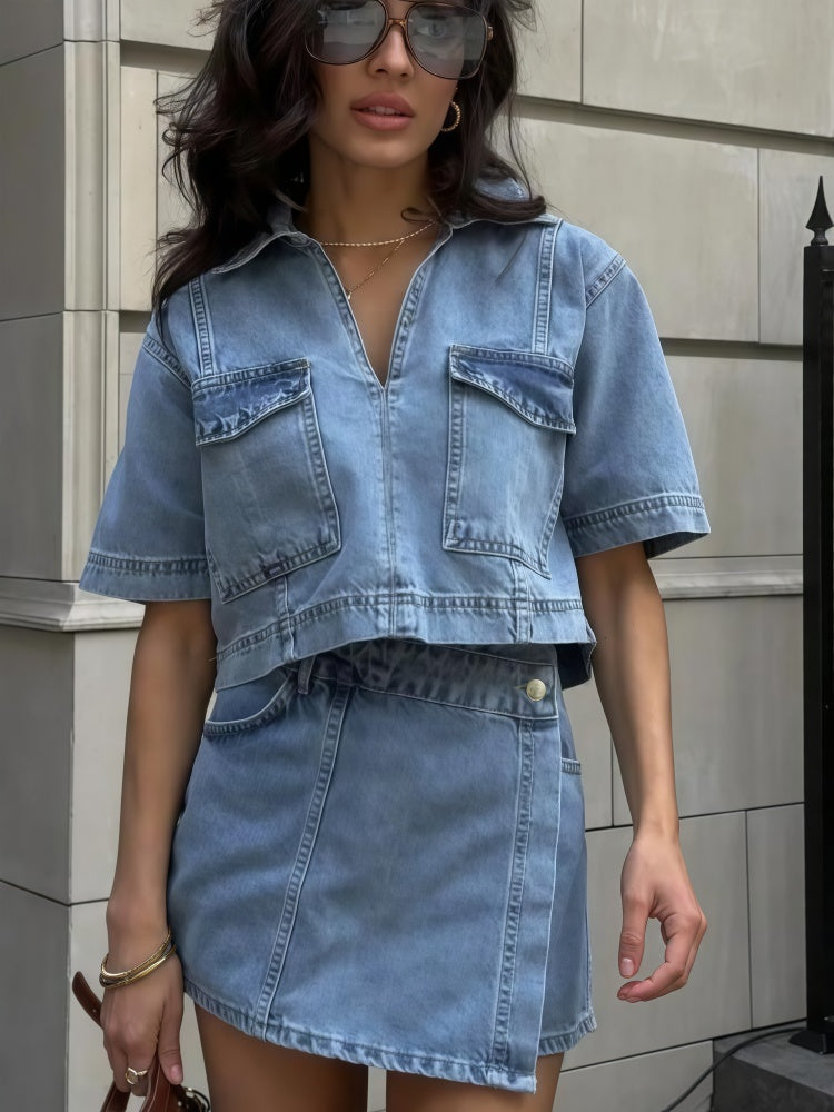 Cargo Pocket Cropped Denim Top &amp; Wrap Skort Two Piece Set