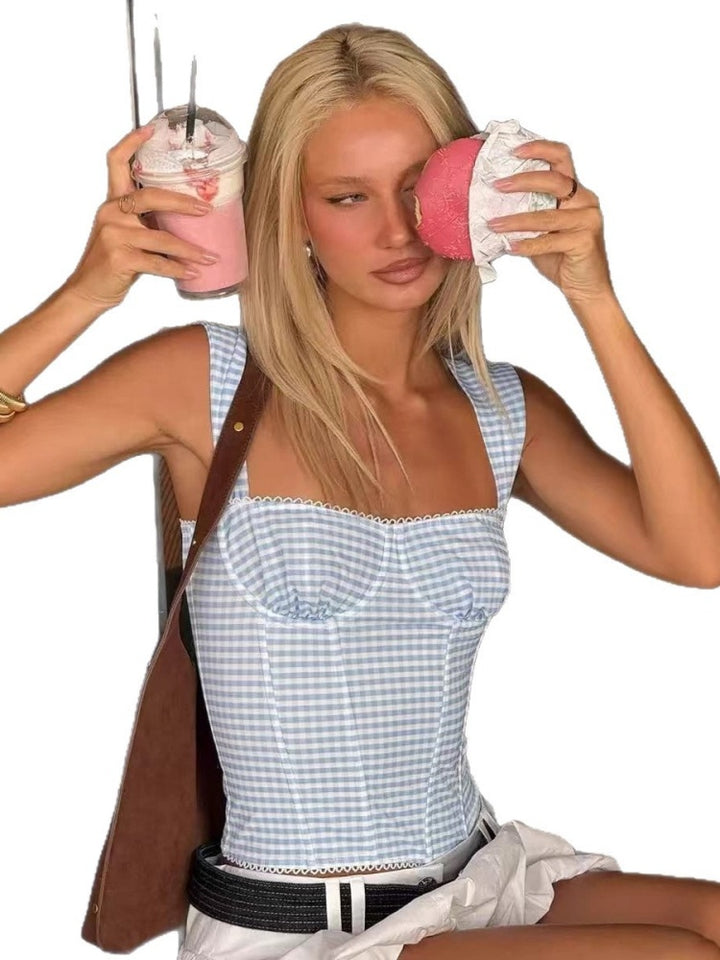 Gingham Square Neck Corset Top
