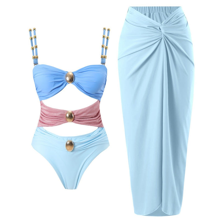 Beaded Strap Cutout Twist Front Swimsuit &amp; Wrap Skirt Set