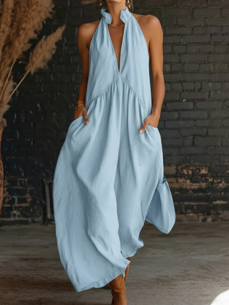 Halter Neck Linen-Blend Maxi Dress