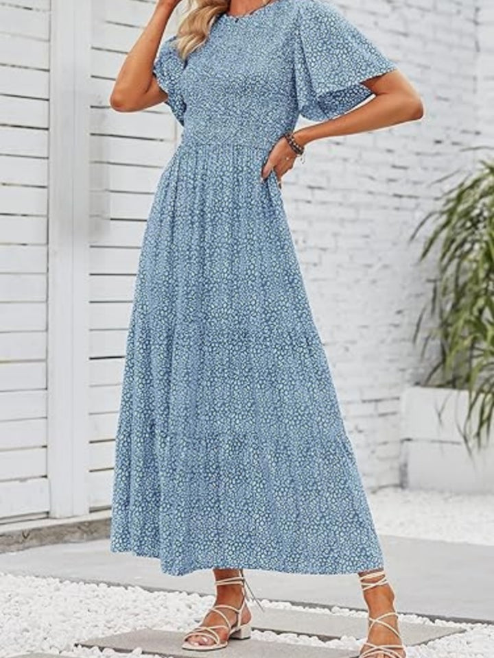 Floral Print Flutter Sleeve Tiered Maxi Dress