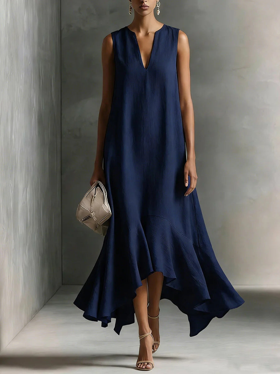 Deep V-neck sleeveless dress with an asymmetrical hem, elegant and slimming