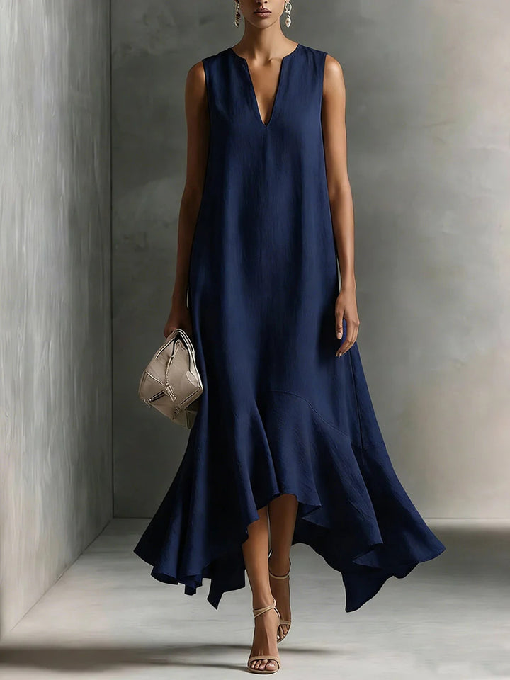Deep V-neck sleeveless dress with an asymmetrical hem, elegant and slimming