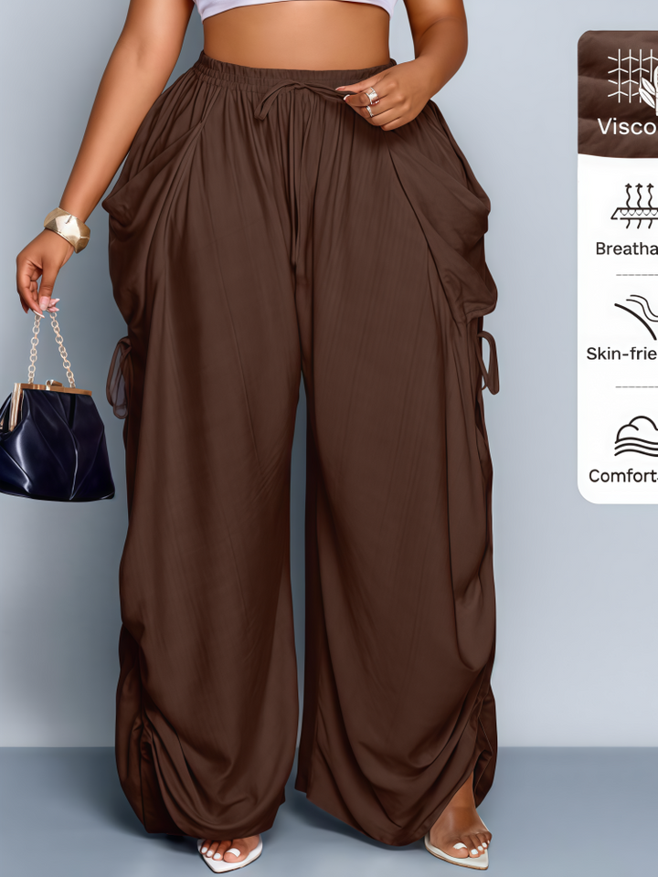 Plus Size Drawstring Ruched Wide Leg Cargo Pants with Pockets