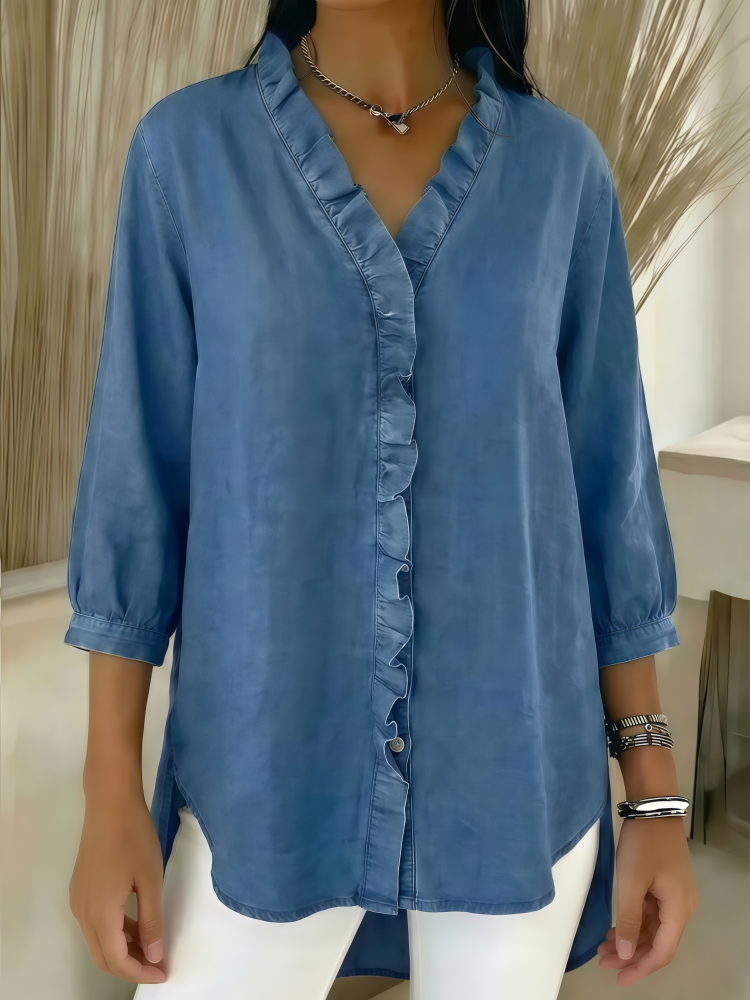 Ruffled V-Neck Denim Button-Down Blouse