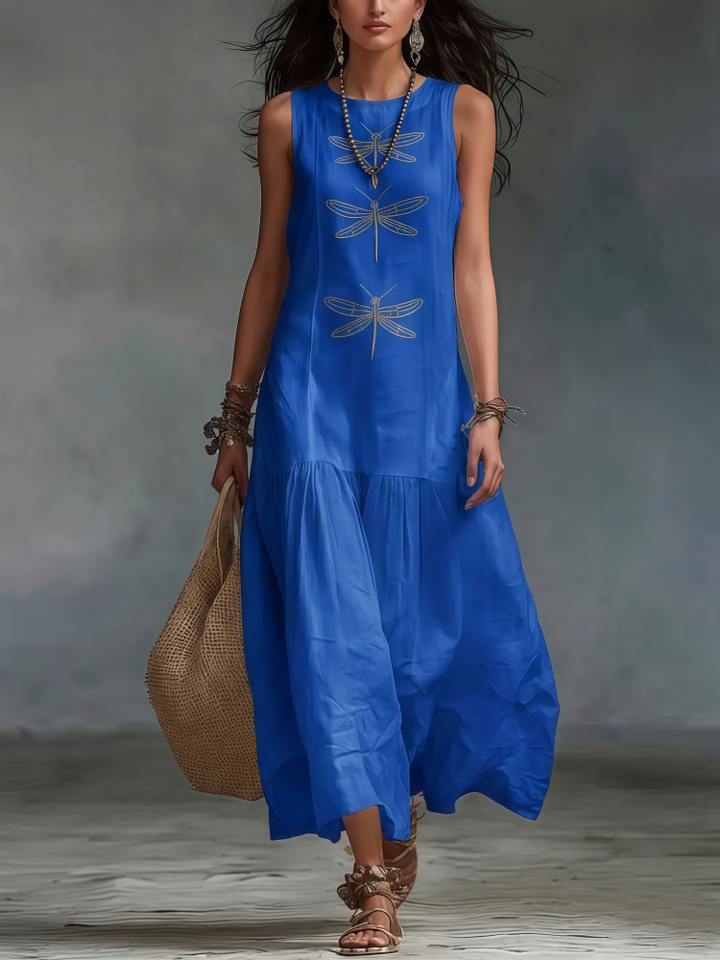 Dragonfly Print Sleeveless Maxi Dress - Casual Flowy Tiered Dress