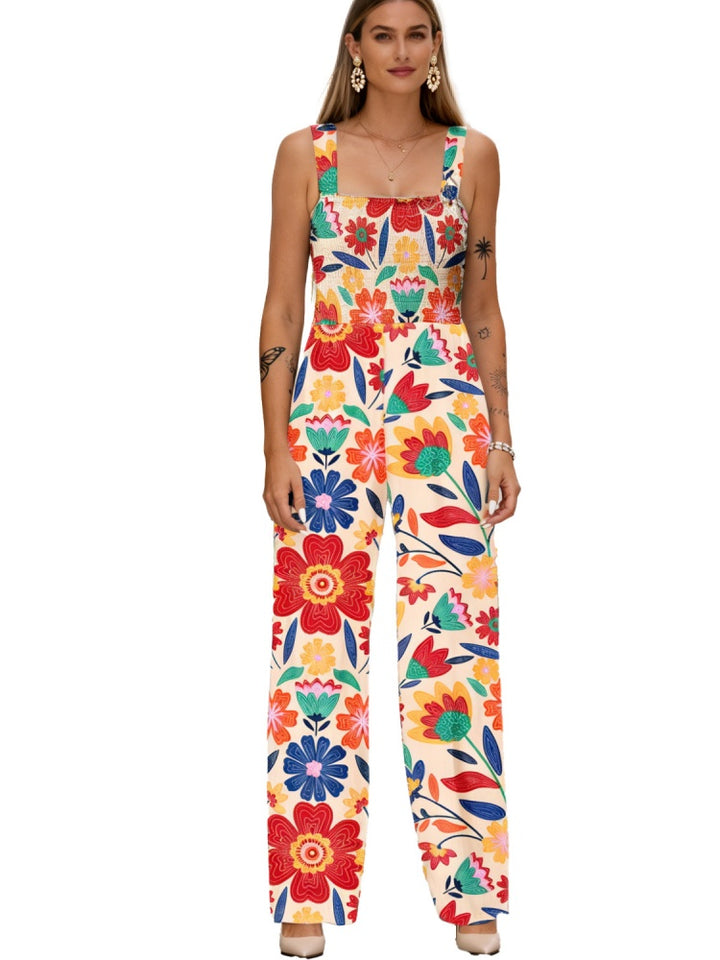 Smocked Square Neck Wide Leg Floral Jumpsuit