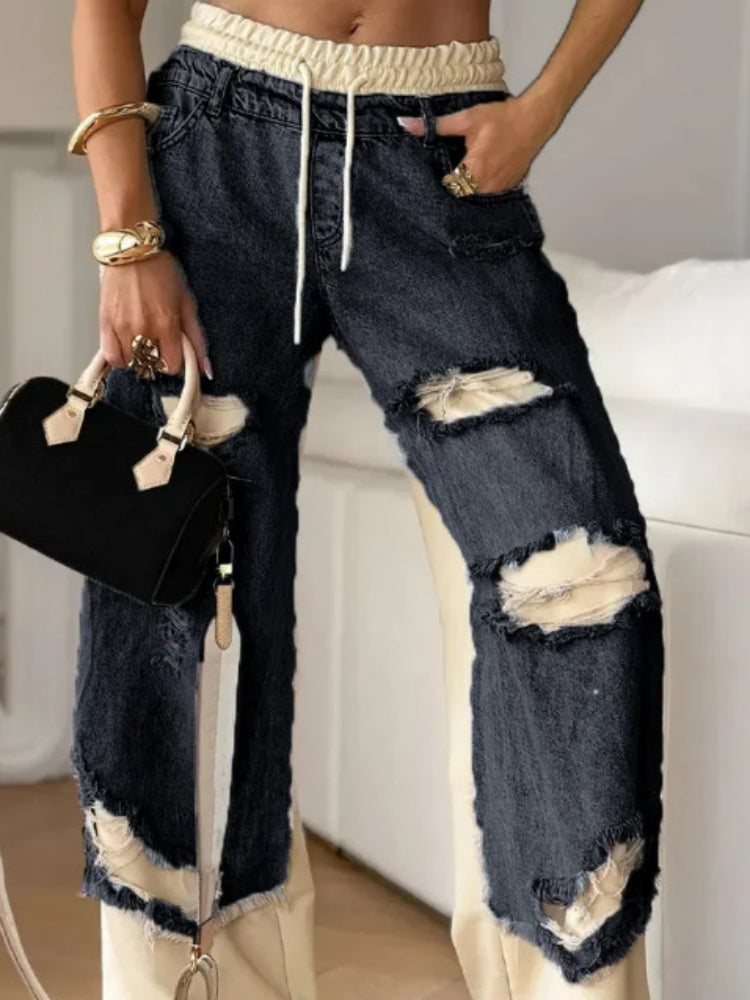 Ripped Contrast Panel Wide Leg Jeans