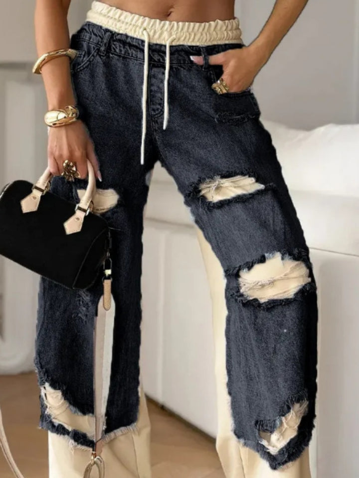 Ripped Contrast Panel Wide Leg Jeans
