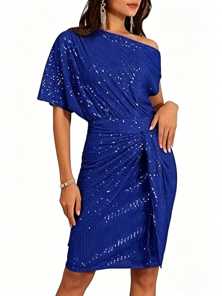 Sequin One-Shoulder Wrap Midi Dress