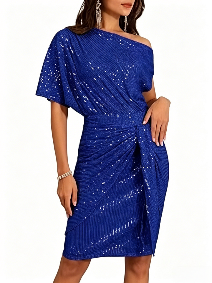 Sequin One-Shoulder Wrap Midi Dress