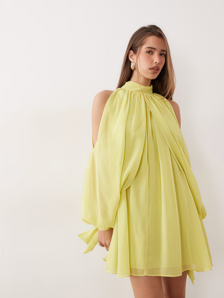 Puff-sleeve halter off-the-shoulder dress