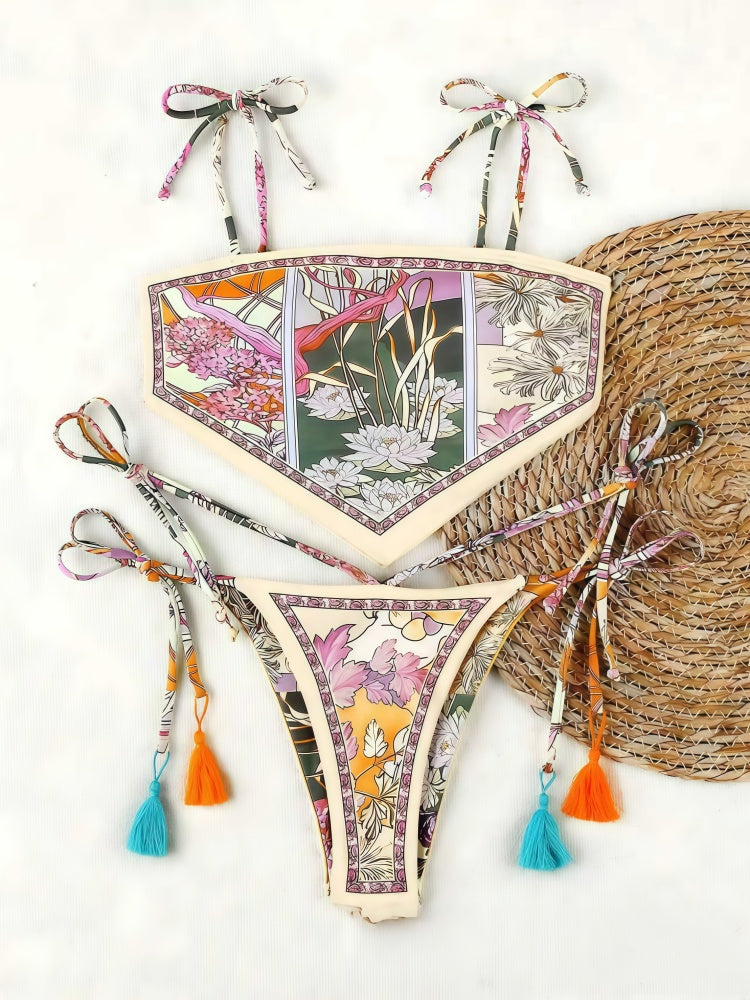 Boho Scarf Bikini Set – Printed Tie-Up Triangle Swimsuit