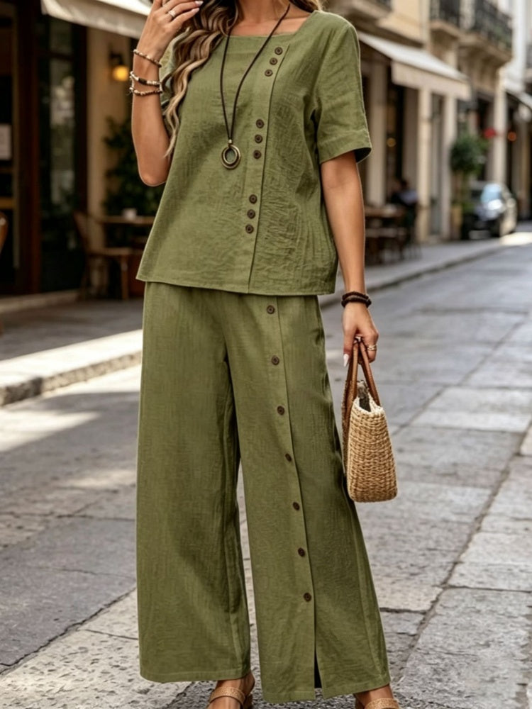 Cotton Linen Two-Piece Set - Button Detail Short Sleeve Top &amp; Wide Leg Pants