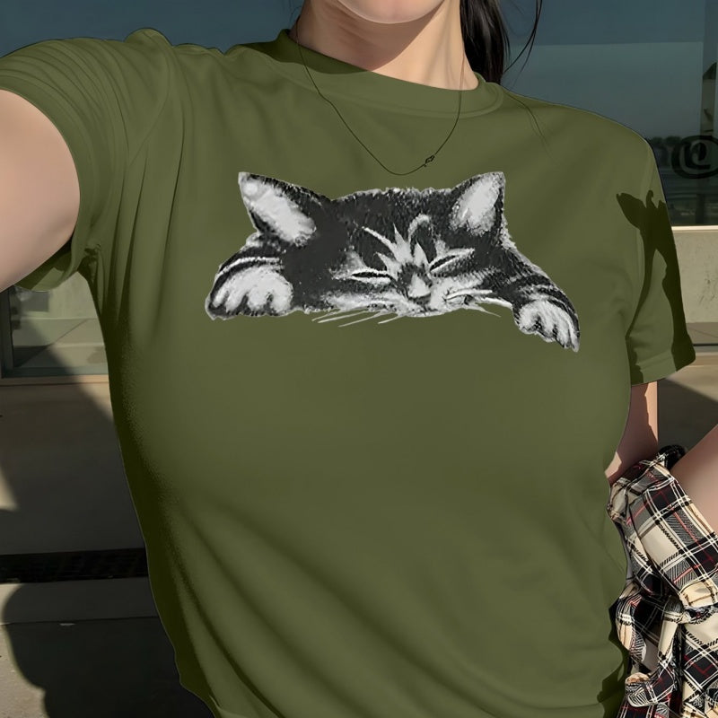3D Cat Print Cotton Crew Neck T-Shirt - Casual Short Sleeve Tee