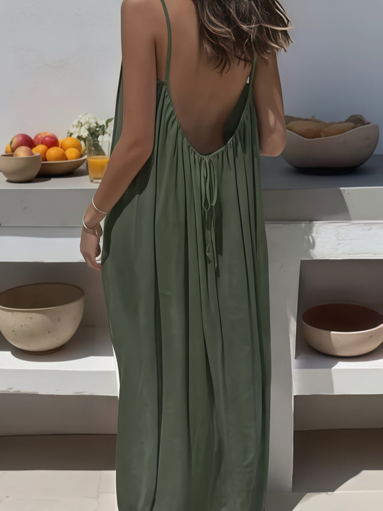 Spaghetti Strap Open Back Pleated Maxi Dress