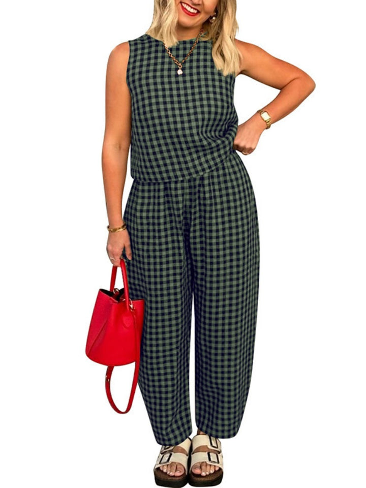 Gingham 2-Piece Sleeveless Top &amp; Wide Leg Pants Set