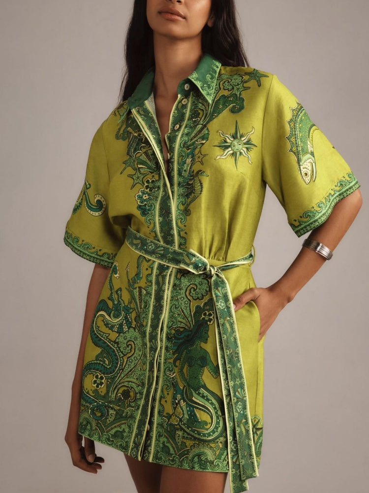 Vintage Marine Print Cotton Linen Shirt Dress - Tie Waist Nautical Mini Dress