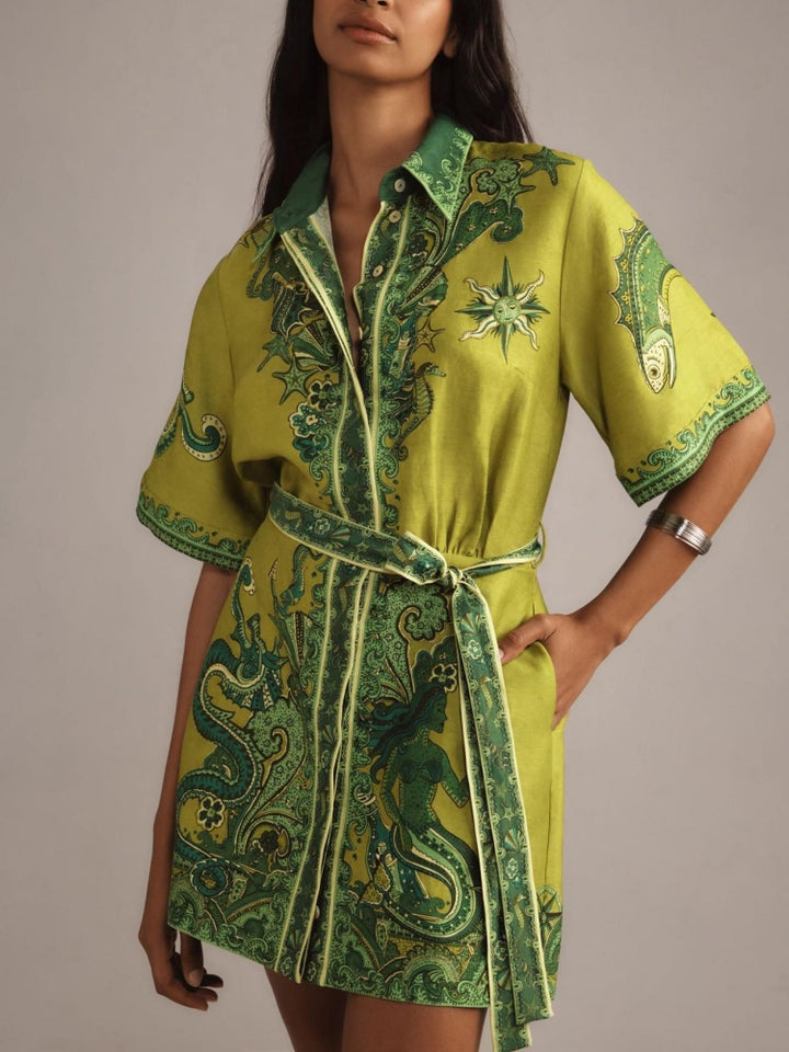 Vintage Marine Print Cotton Linen Shirt Dress - Tie Waist Nautical Mini Dress