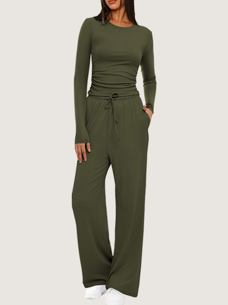 Ruched Long Sleeve Top &amp; Drawstring Wide Leg Pants Set