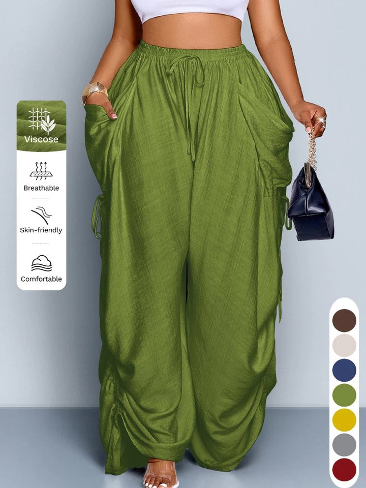 Plus Size Drawstring Ruched Wide Leg Cargo Pants with Pockets