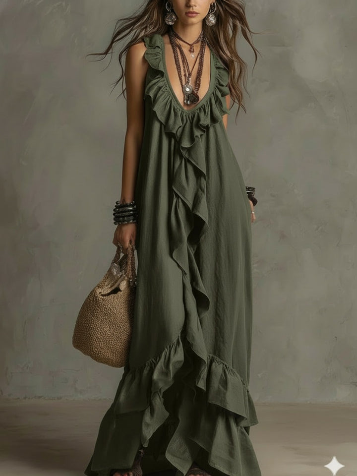 Boho Ruffled V-Neck Maxi Dress