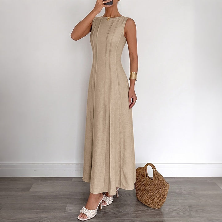 Solid color sleeveless fitted waist striped drape dress