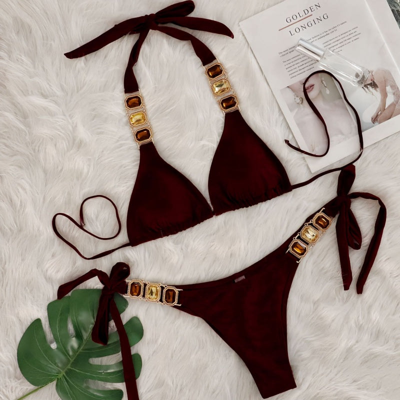 Crystal Embellished Halter Triangle Bikini Set