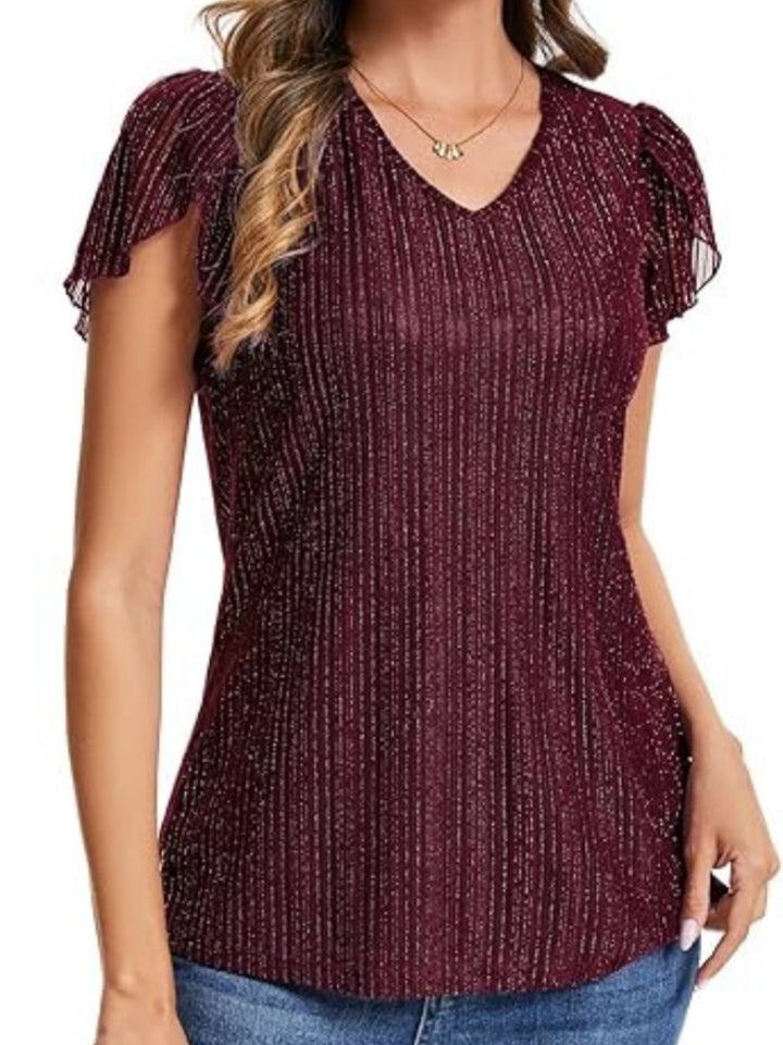 Shiny Pleated V-Neck Flutter Sleeve Top