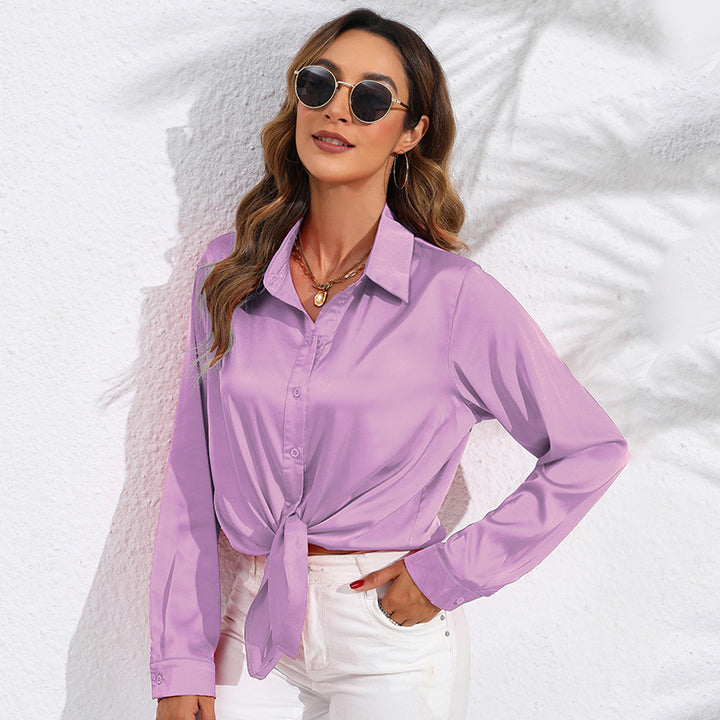Satin Button-Down Shirt with Front Tie