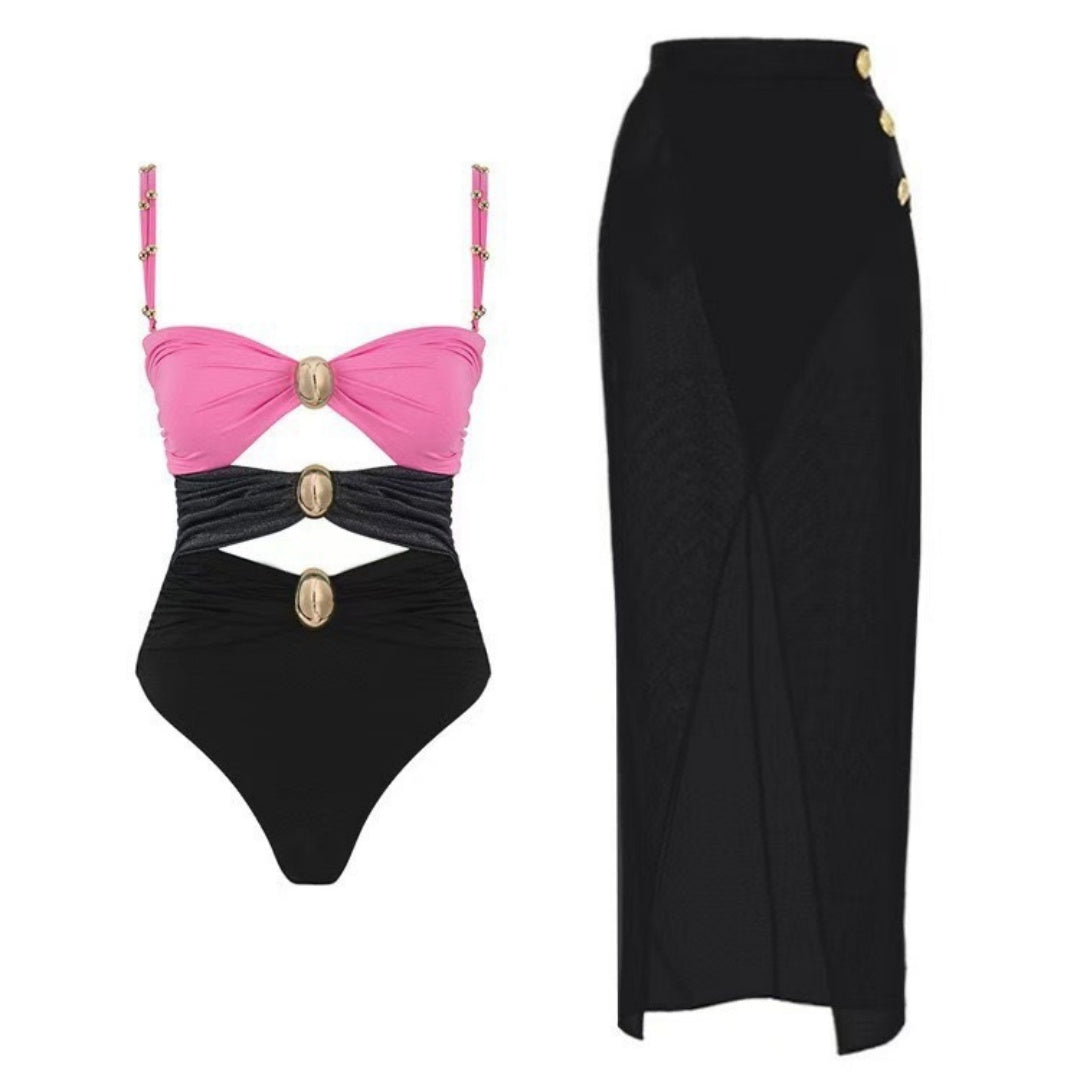 Beaded Strap Cutout Twist Front Swimsuit &amp; Wrap Skirt Set