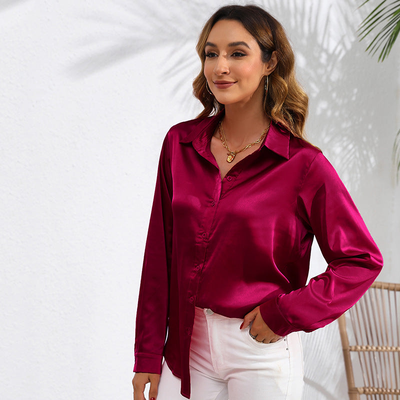 Satin Button-Down Shirt with Front Tie