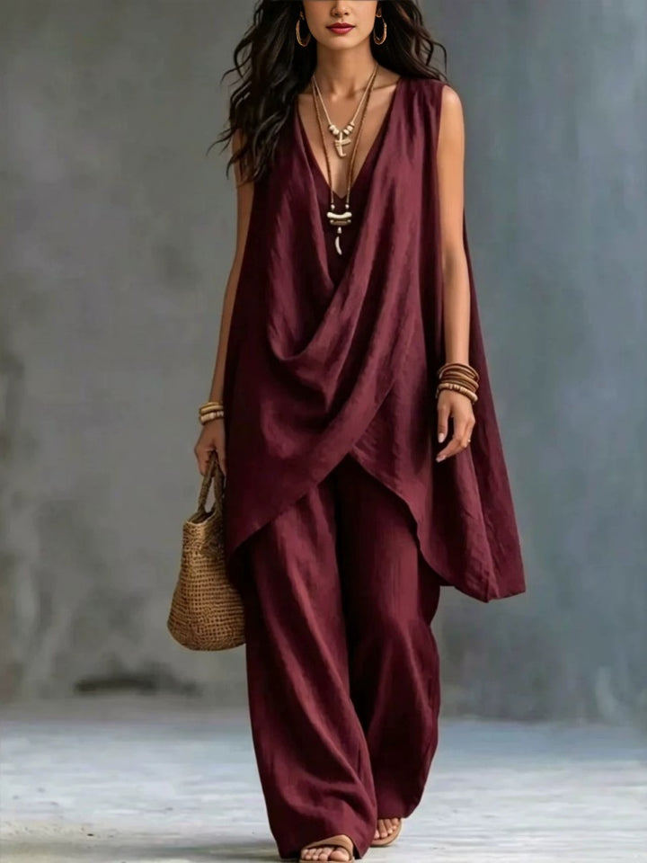 Sleeveless Stand Collar Cotton Linen Resort Two Piece Set