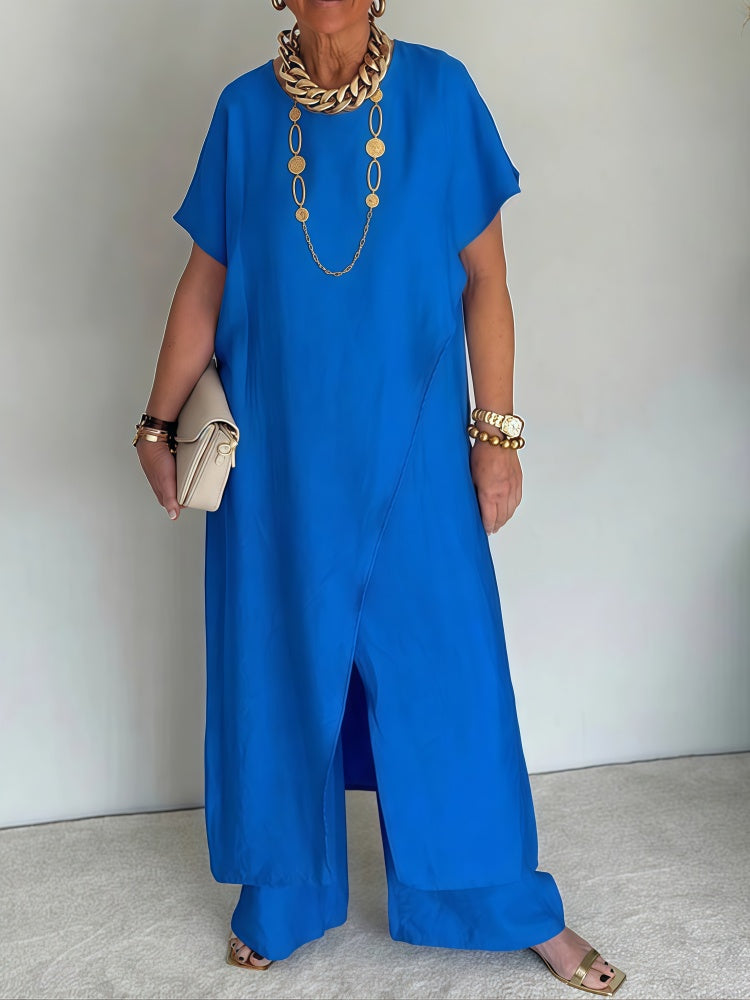 Two-piece set: loose-fitting, slit-front, belted top and wide-leg pants