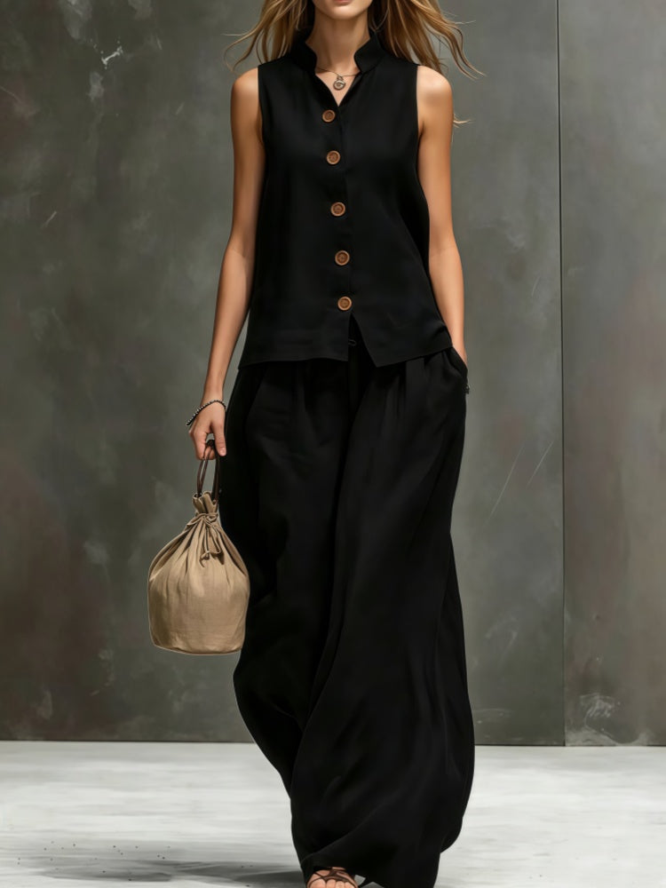 Sleeveless vest, wide-leg pants, cotton and linen two-piece set