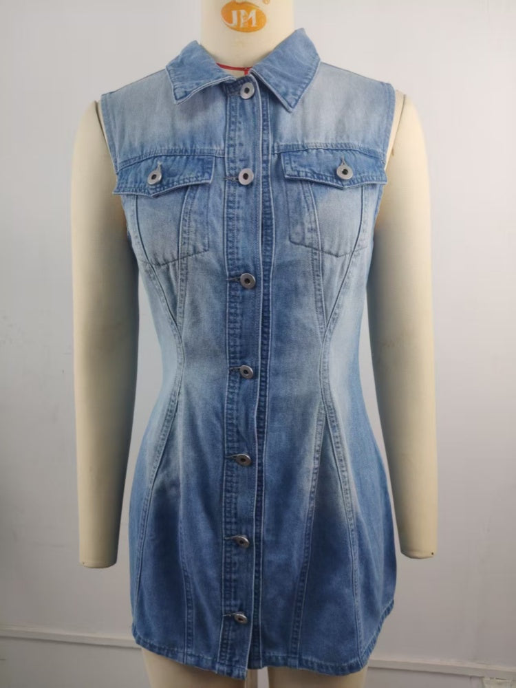 Sleeveless Collared Button Front Denim Mini Dress