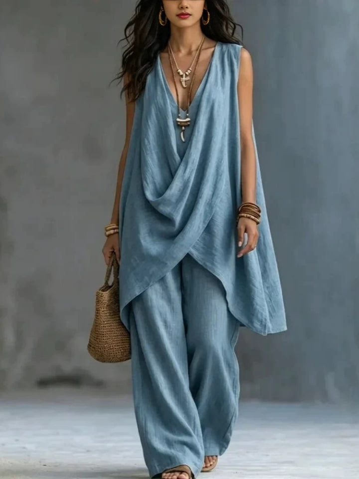 Sleeveless Stand Collar Cotton Linen Resort Two Piece Set
