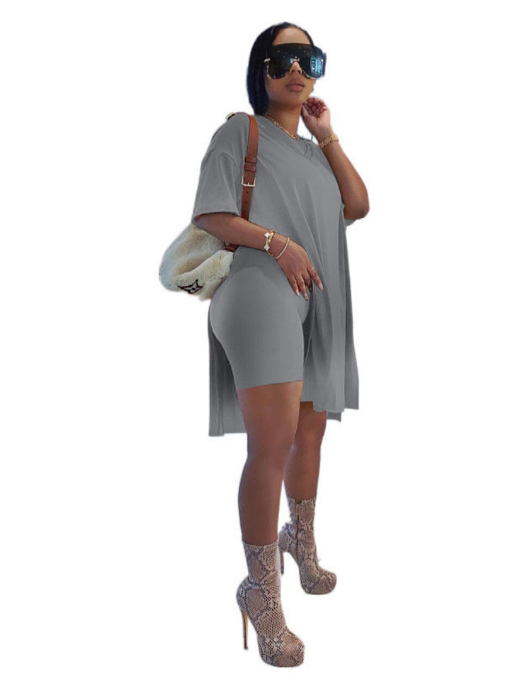 Side-slit long top and shorts two-piece set