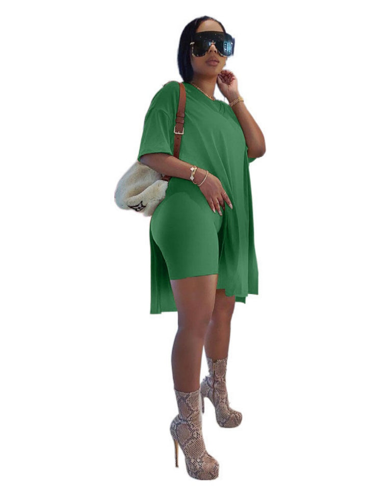 Side-slit long top and shorts two-piece set