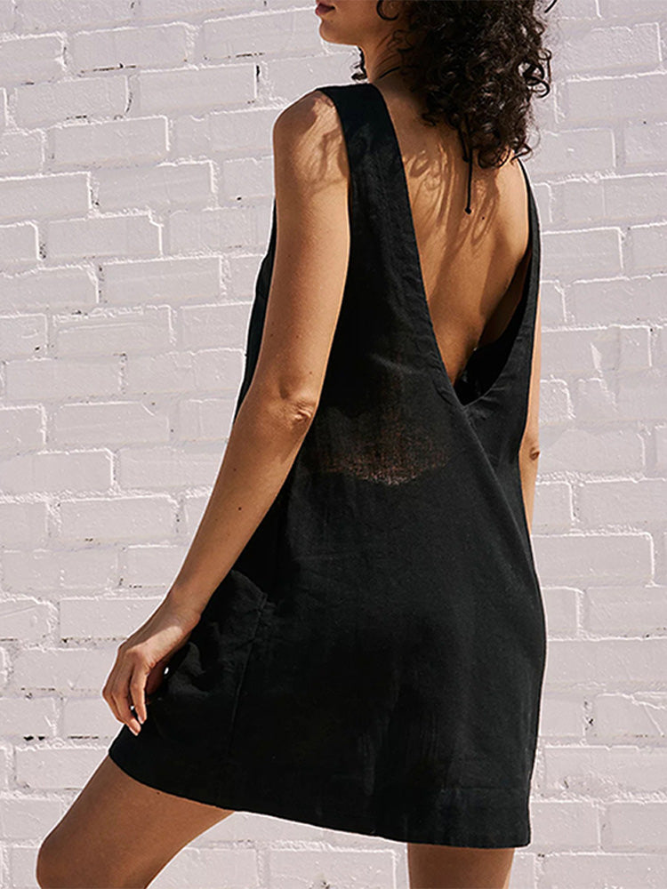 New cotton linen backless solid color mini vest dress