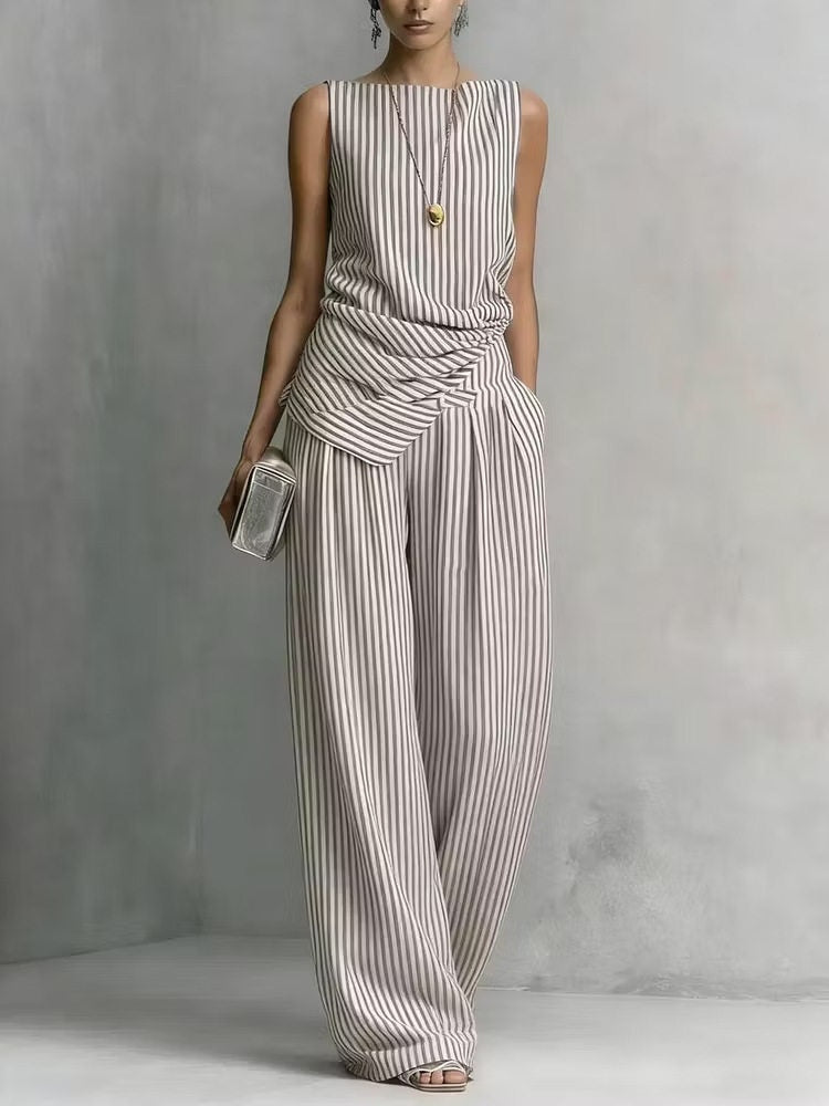 Casual Stripe Cotton Linen Top and Wide Leg Pants Set