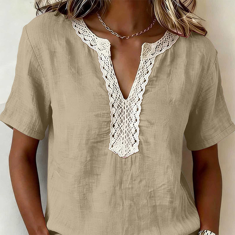 100% Cotton Casual Loose Lace Collar Short-Sleeved Top