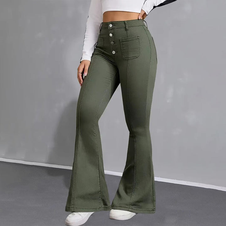 Elastic flared patchwork multi-pocket jeans
