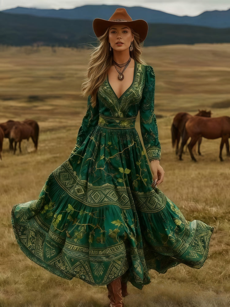 Boho Western Long Sleeve V-Neck Tiered Maxi Dress
