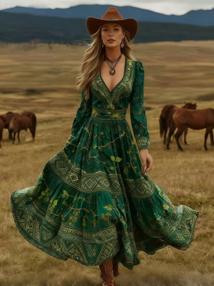 Boho Western Long Sleeve V-Neck Tiered Maxi Dress