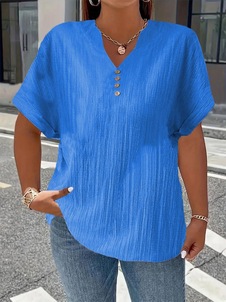 Fashionable and casual solid color button V-neck T-shirt