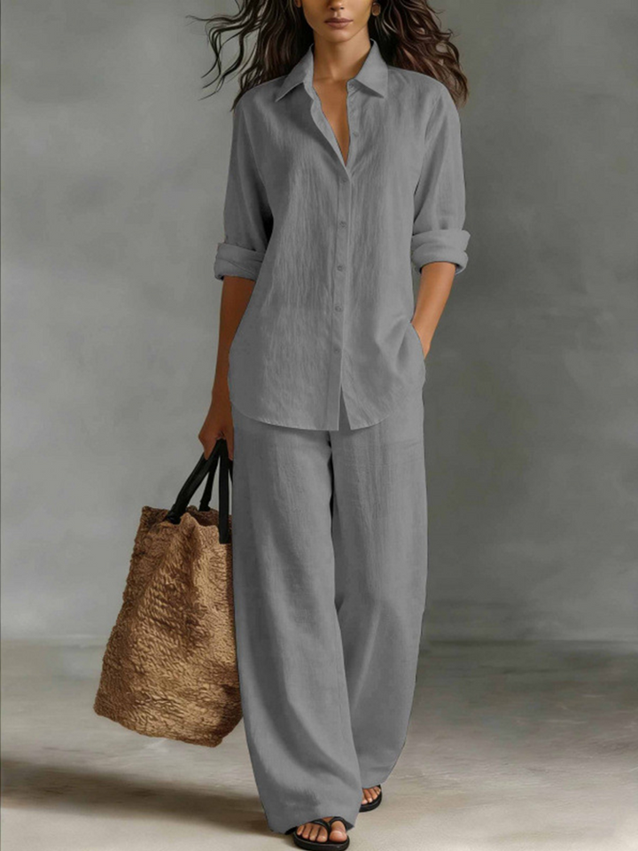 Women Linen Shirt Wide Leg Pants Vacation Two Piece Set