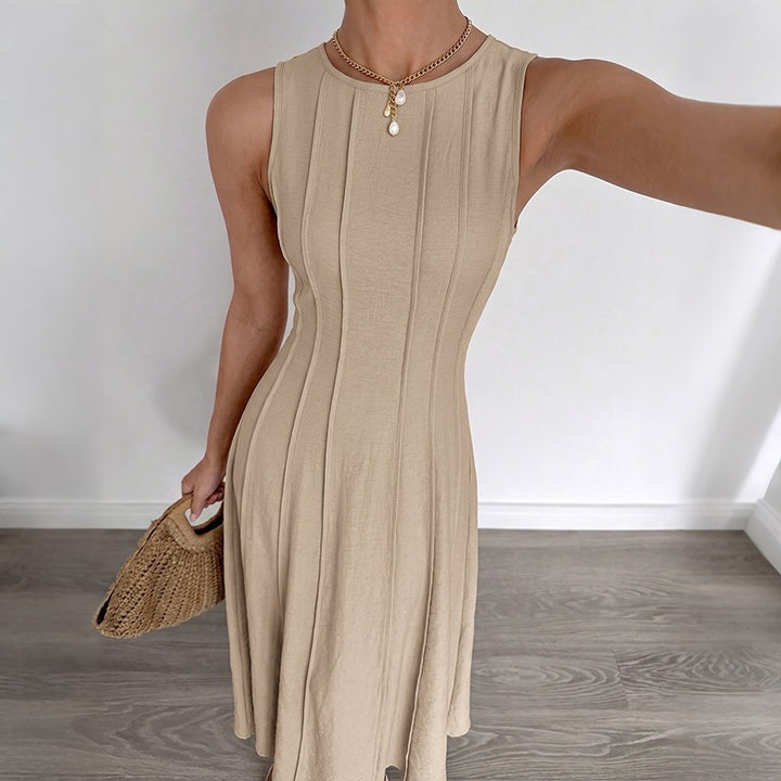 Solid color sleeveless fitted waist striped drape dress