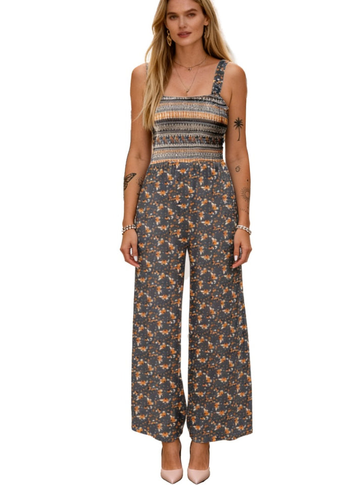 Smocked Square Neck Wide Leg Floral Jumpsuit